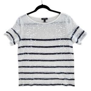 Express Sequin Women's  Blouse Knit White Navy Stripe Short Sleeve Top Medium